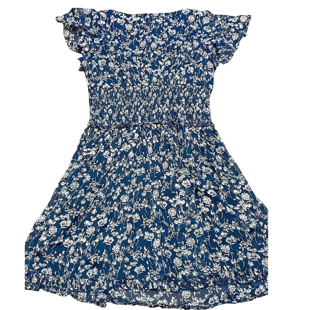 ML Monique Lhuillier Blue Floral Smocked Waist Flutter Sleeve Mini Dress 4 - Picture 6 of 7